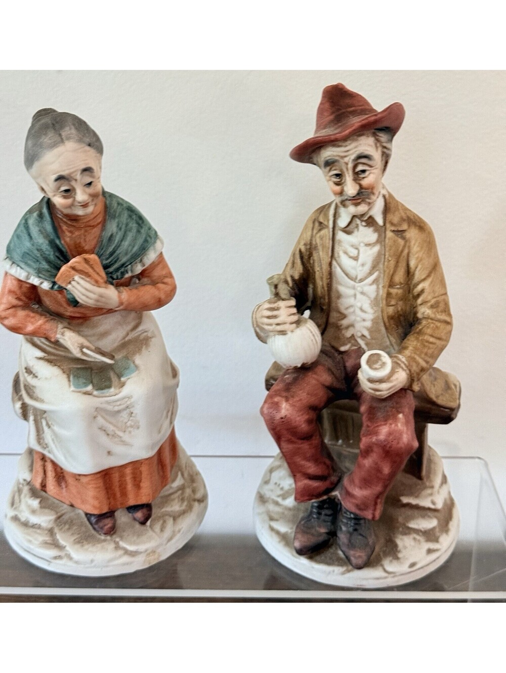Vintage Old Man With Bottle Lady with Cards Porcelain Bisque Figurines Taiwan